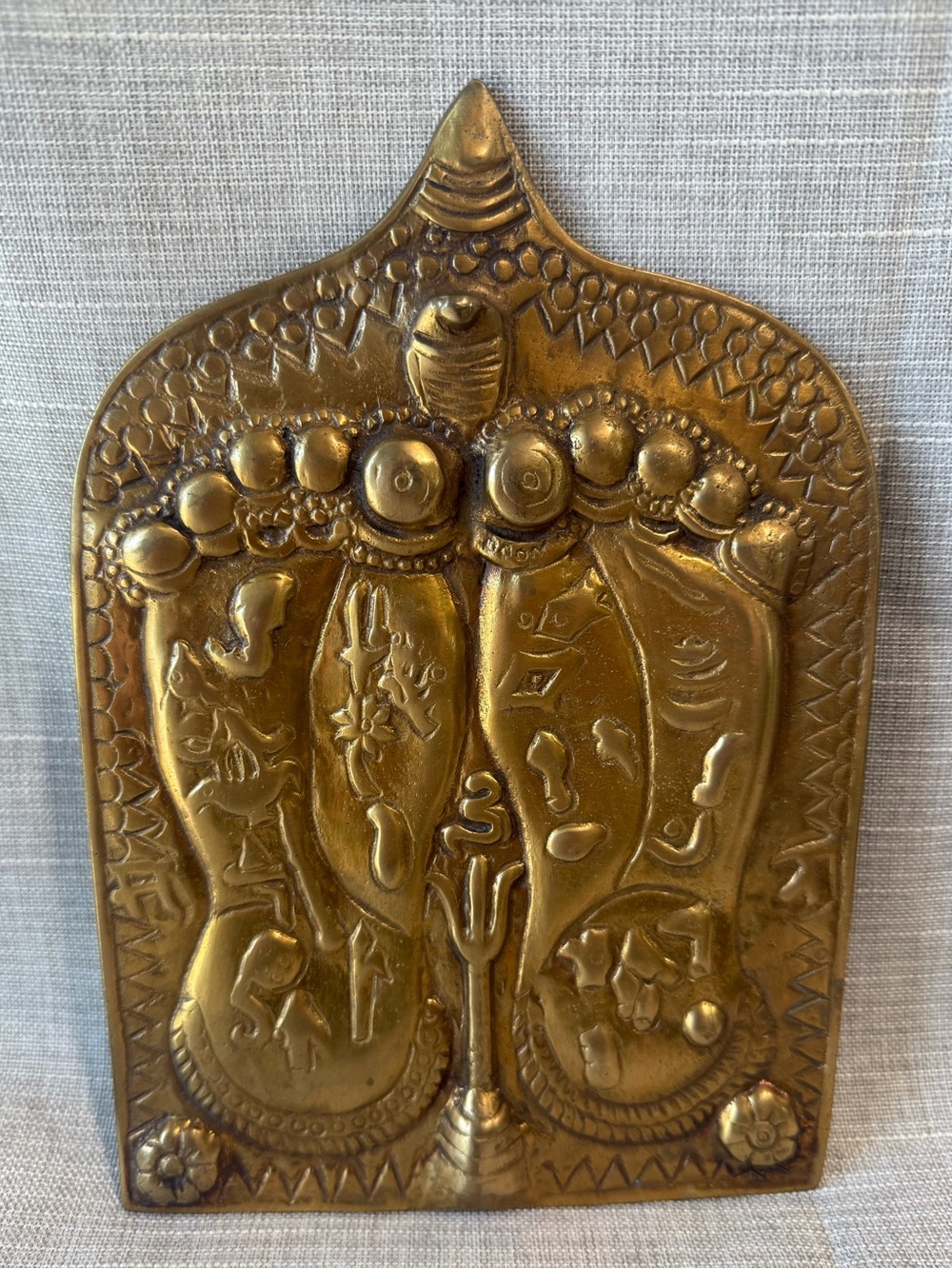 Vintage / Mid-Century Embossed Brass Plaque Footprints Hindu Traditions